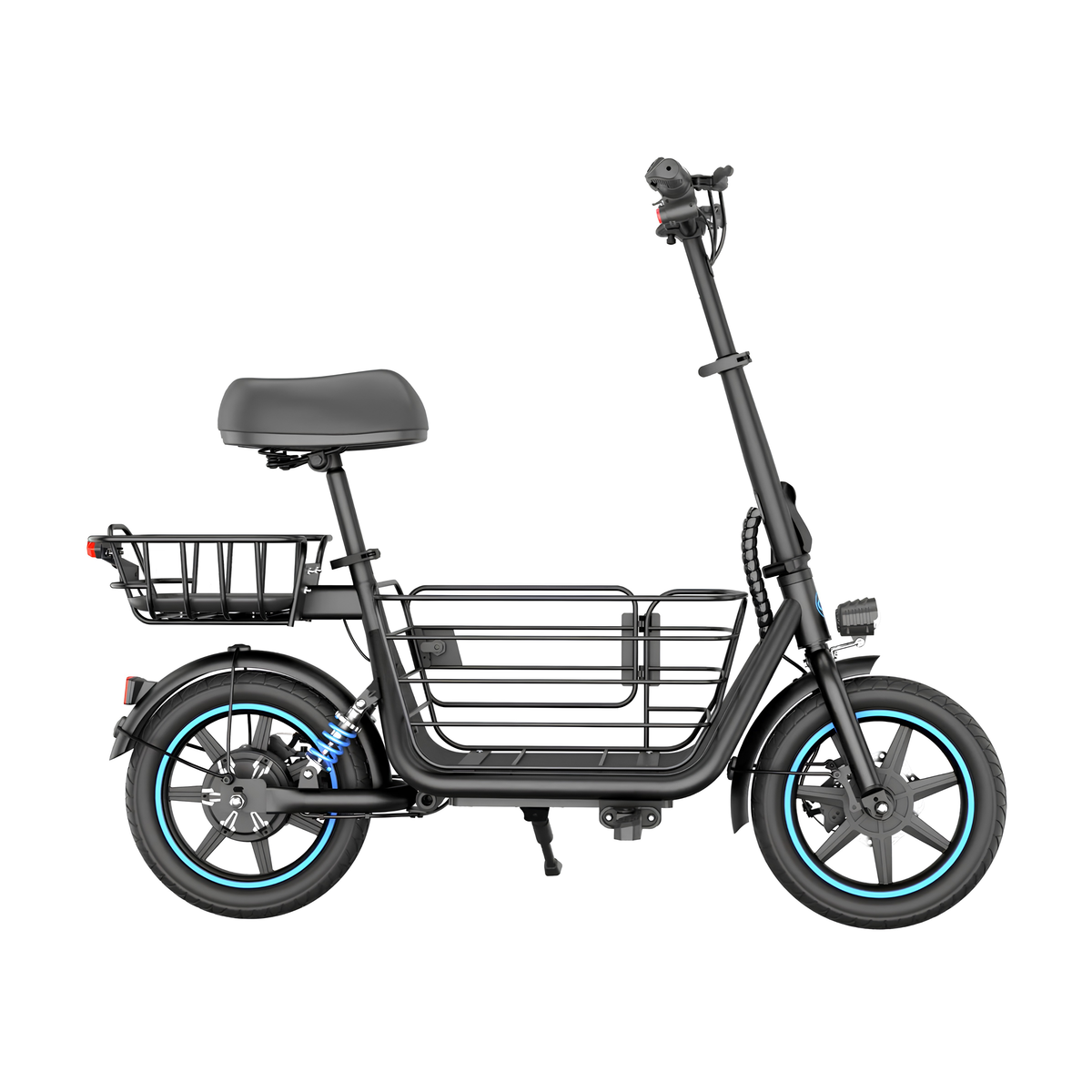 GYROOR C1 Plus von der Seite gesehen mit Sitz, hinterem Korb, vorderem Korb und blauen Details an den Rädern