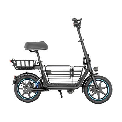 GYROOR C1 Plus von der Seite gesehen mit Sitz, hinterem Korb, vorderem Korb und blauen Details an den Rädern