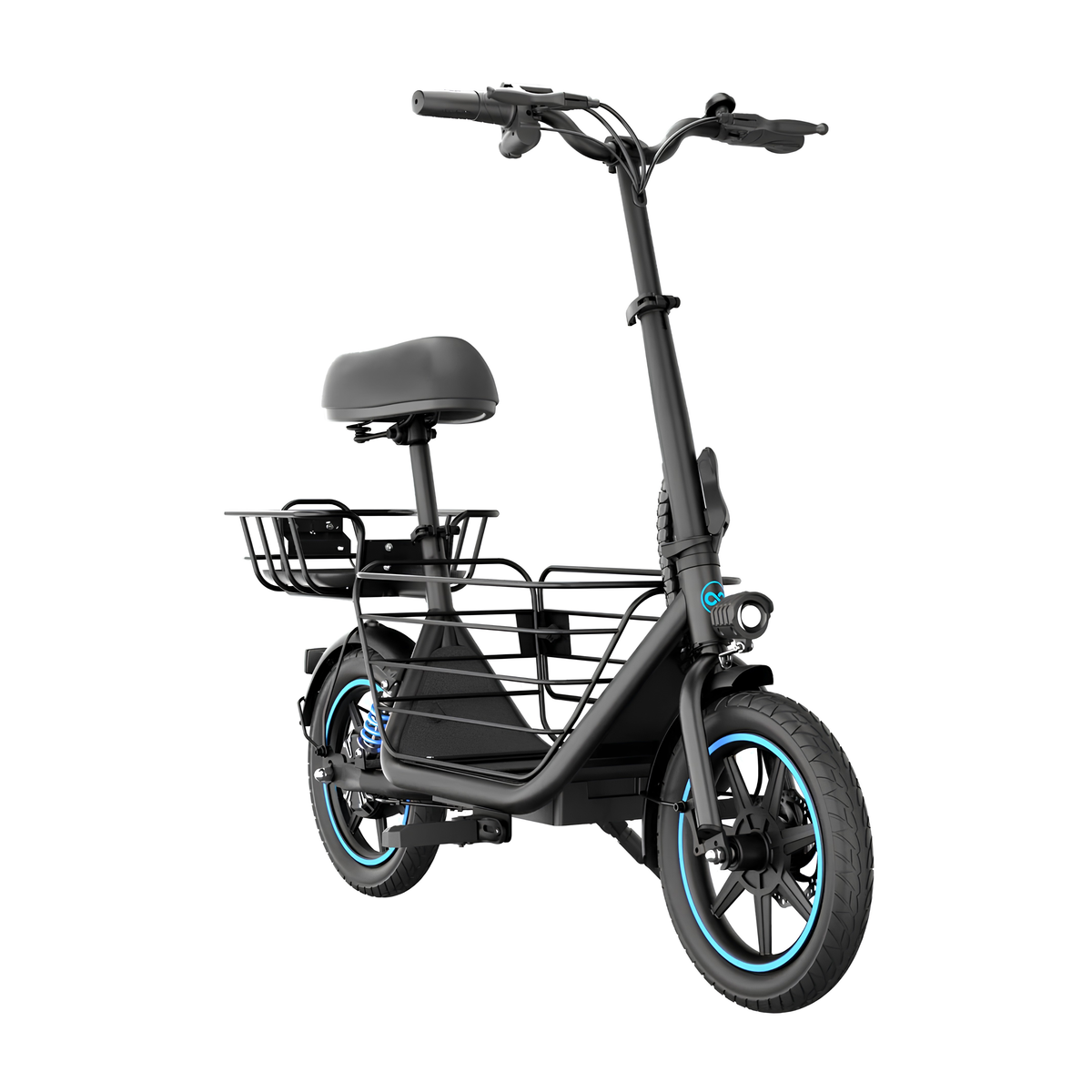 GYROOR C1 Plus von schräg vorn gesehen mit Sattel, Körben vorn und hinten sowie blauen Details an den Rädern