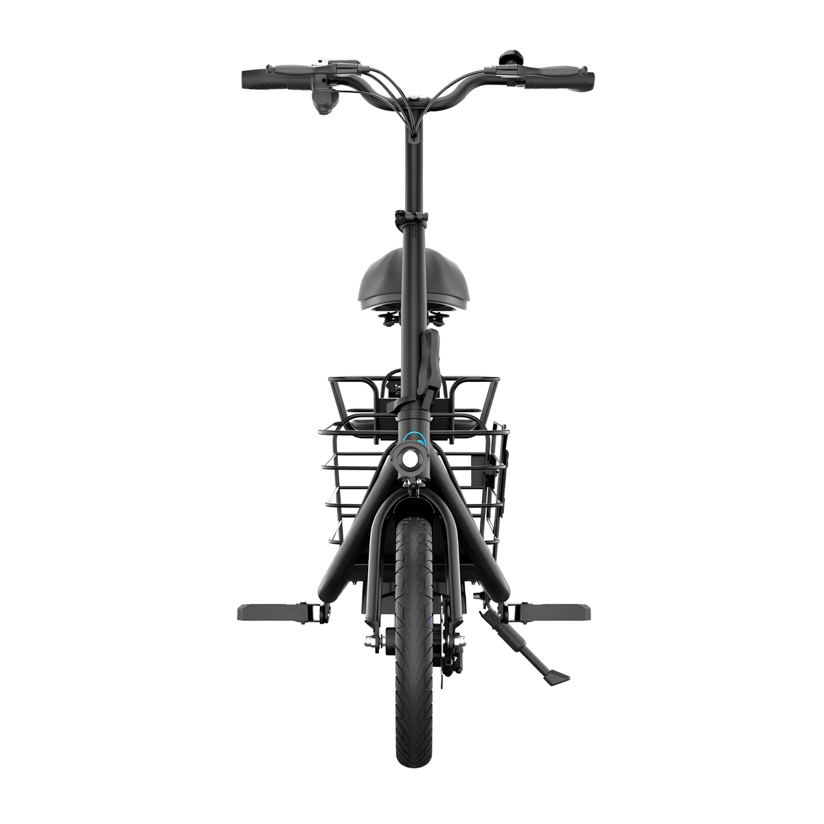 GYROOR C1 Plus von direkt vorn gesehen mit Lenker, Sattel, Korb, Pedalen und Seitenständer