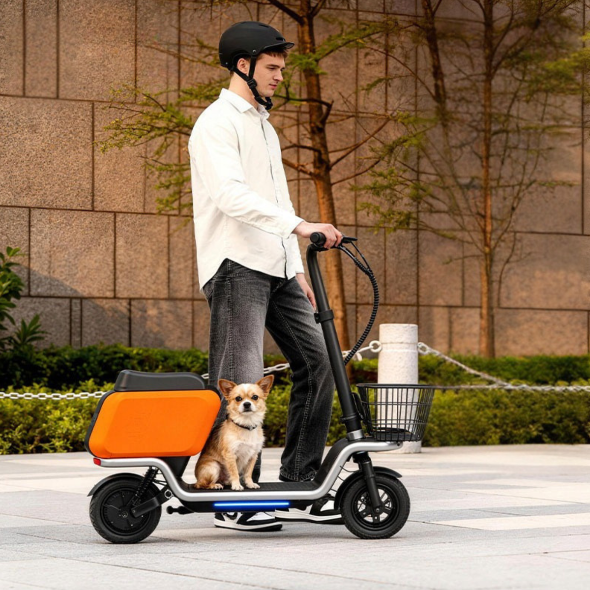 Mann steht neben dem HX S20 E-Scooter mit einem Hund