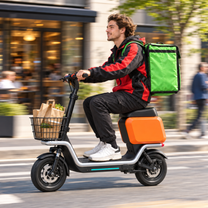 Mann auf dem HX S20 E-Scooter im Sitzen auf einer Straße