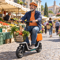 Mann auf dem HX S20 E-Scooter im Sitzen in der Stadt
