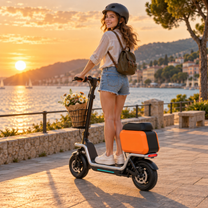 Frau steht neben dem HX S20 E-Scooter bei Sonnenuntergang