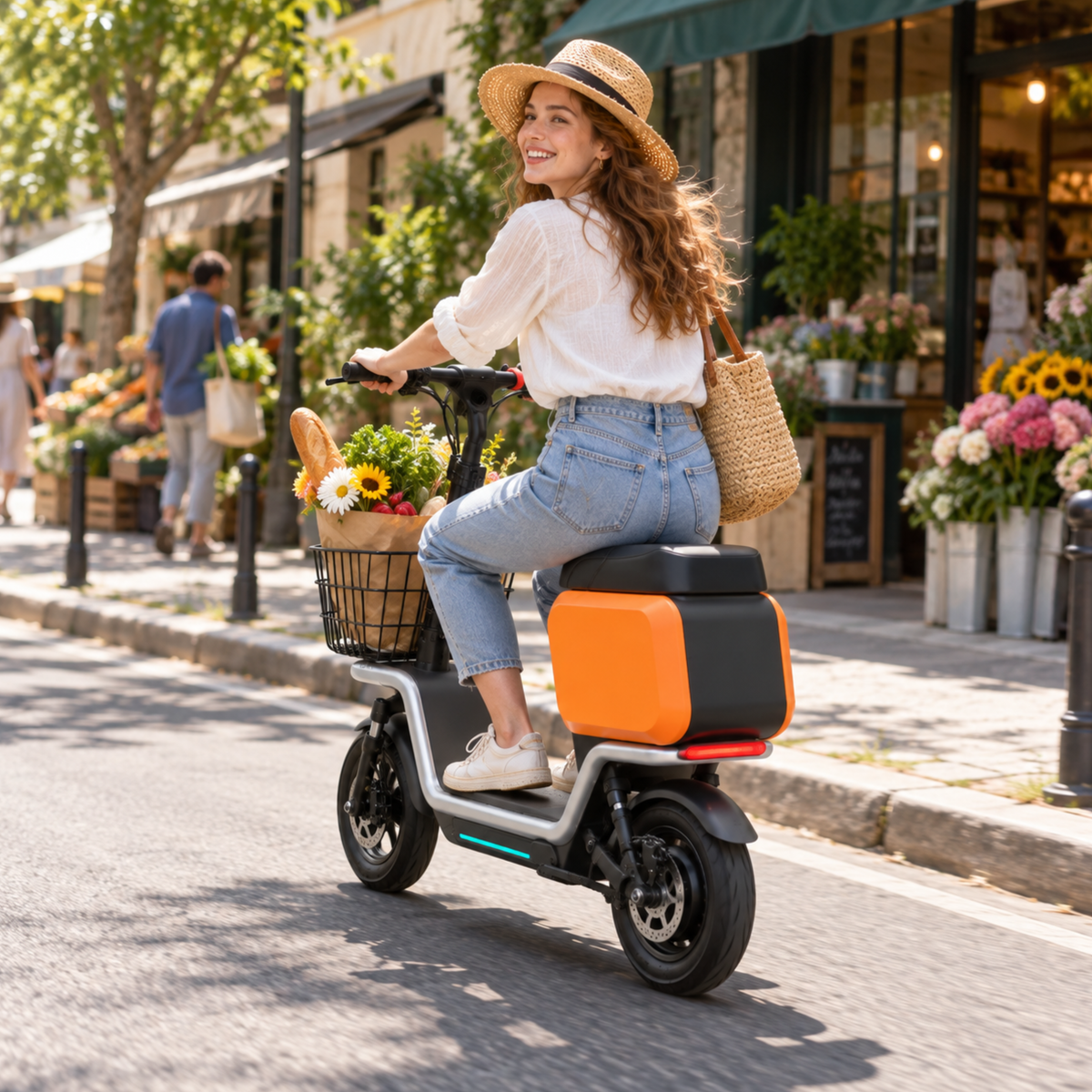 Frau auf dem HX S20 E-Scooter im Sitzen auf einer Straße