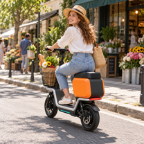 Frau auf dem HX S20 E-Scooter im Sitzen auf einer Straße