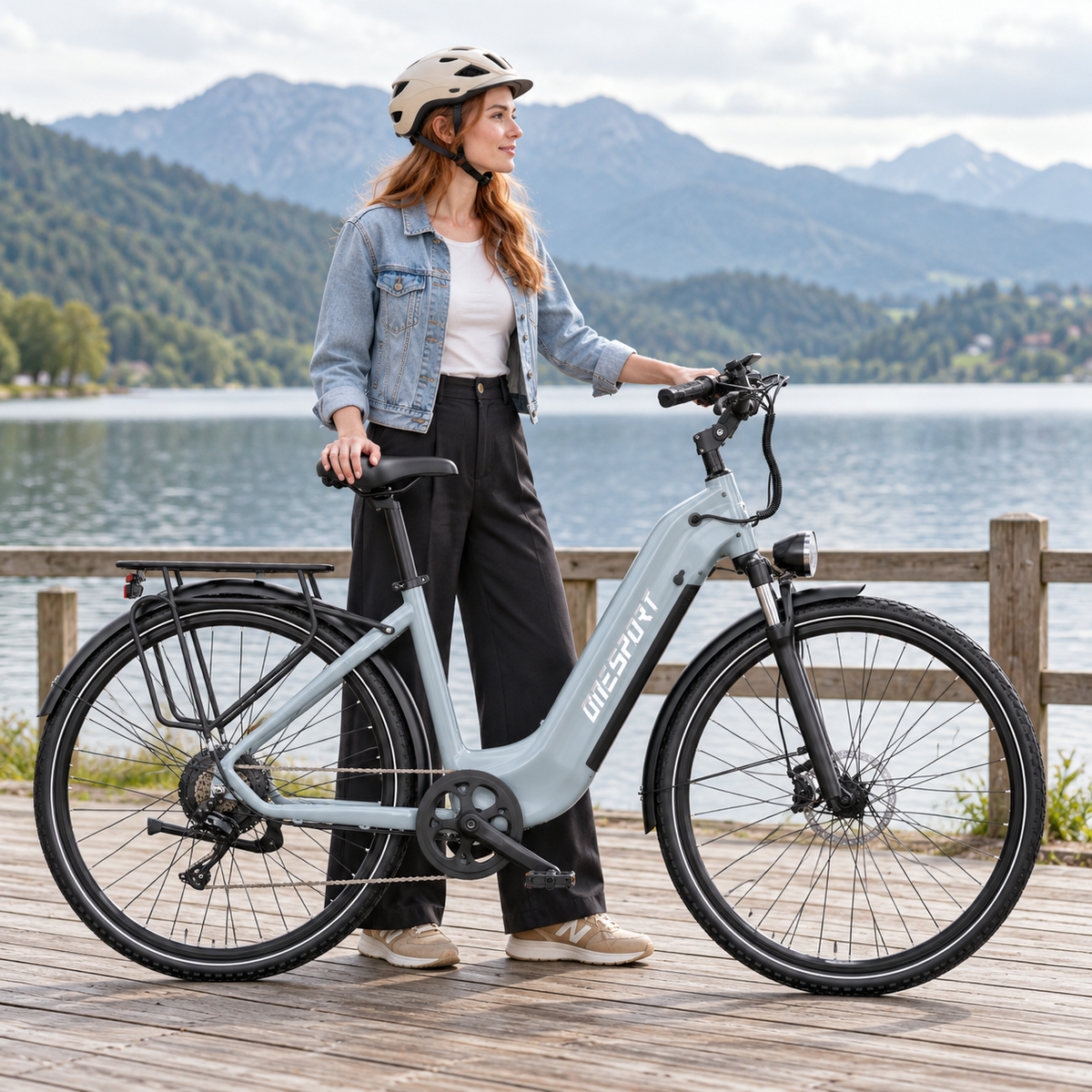 Hellgraues OneSport OT05 Max E-Bike mit niedrigem Rahmen neben einer Frau mit Helm auf einem Steg am See