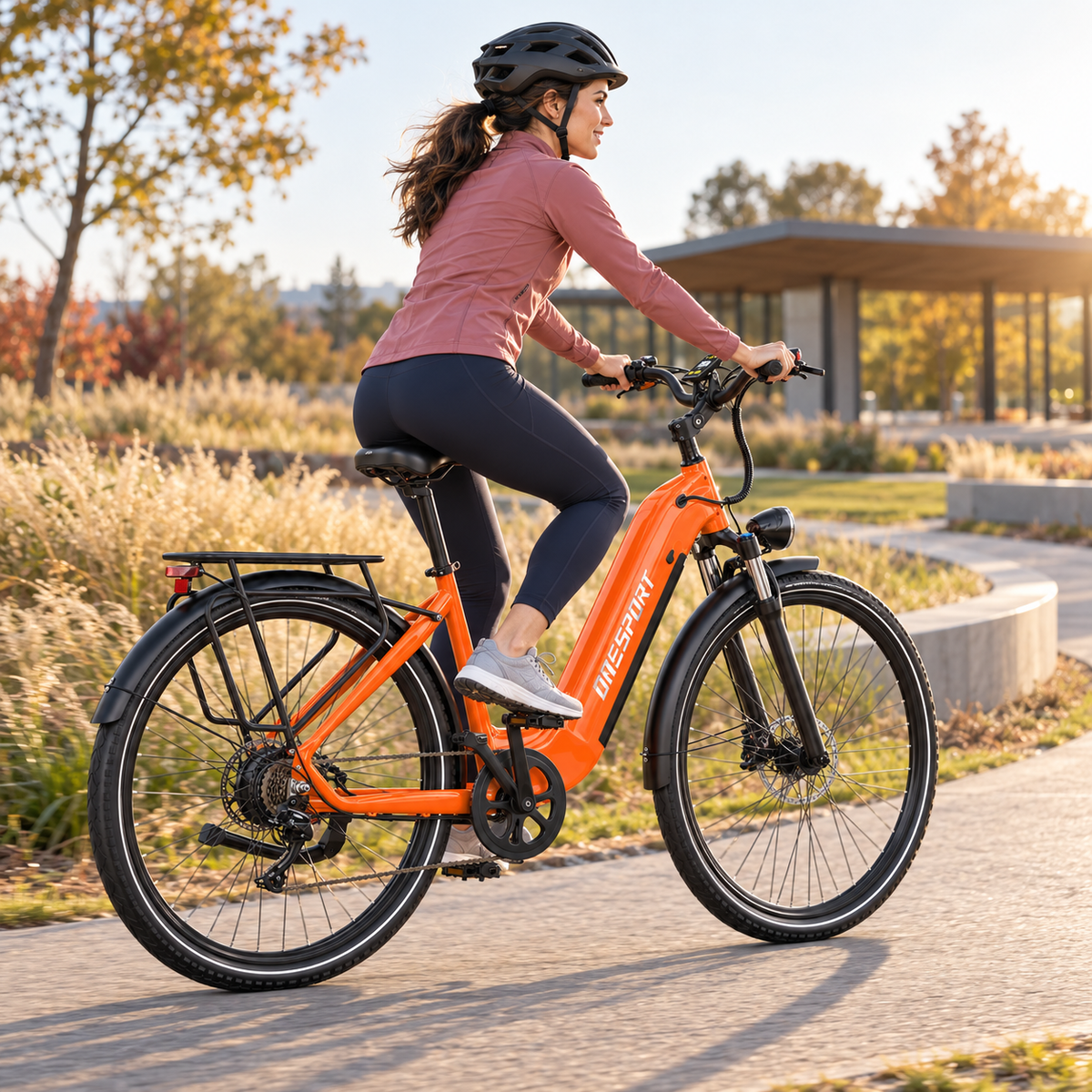 Frau fährt ein orangefarbenes OneSport OT05 Max auf einem Fußweg in einem Park