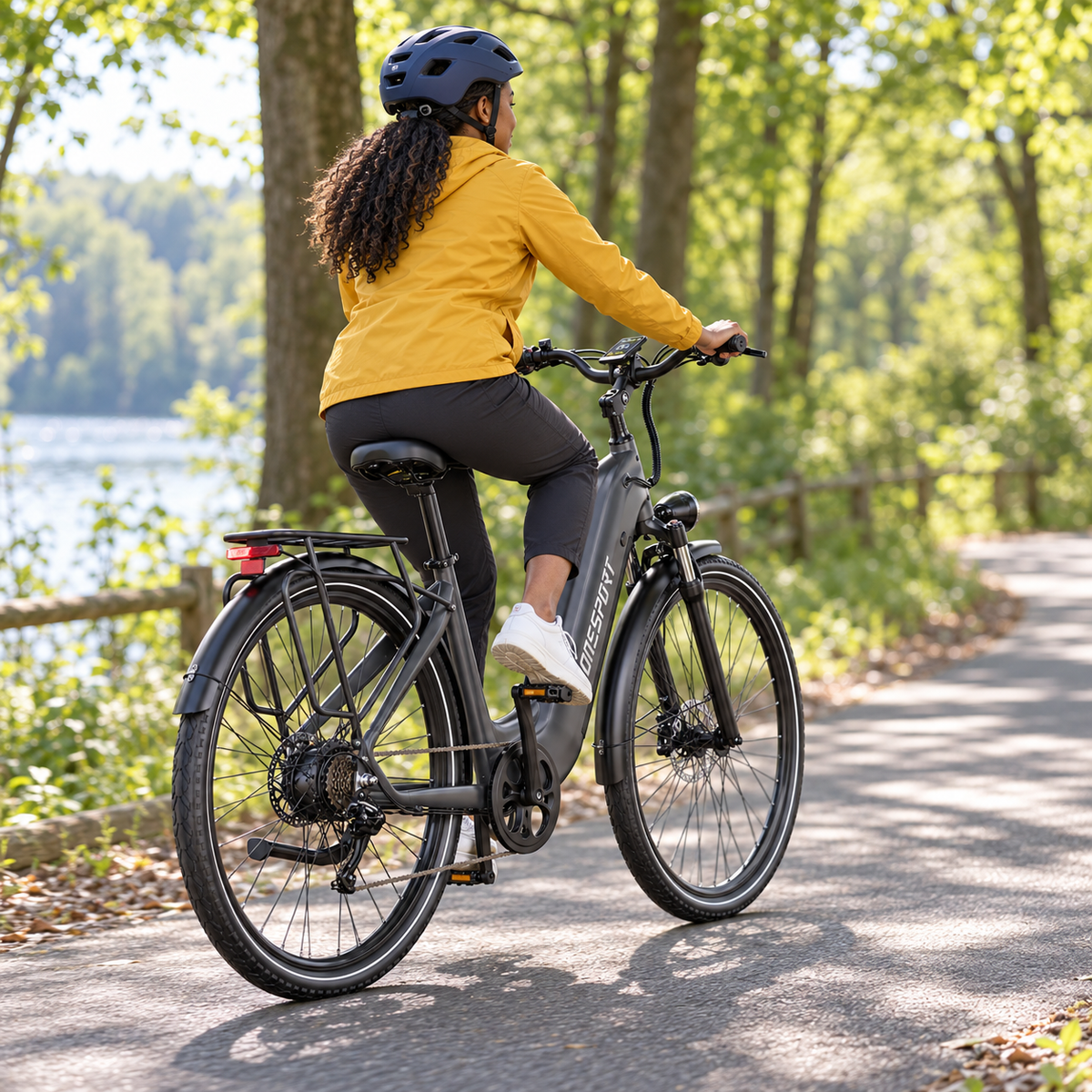 Frau fährt ein graues OneSport OT05 Max auf einem Waldweg neben einem See