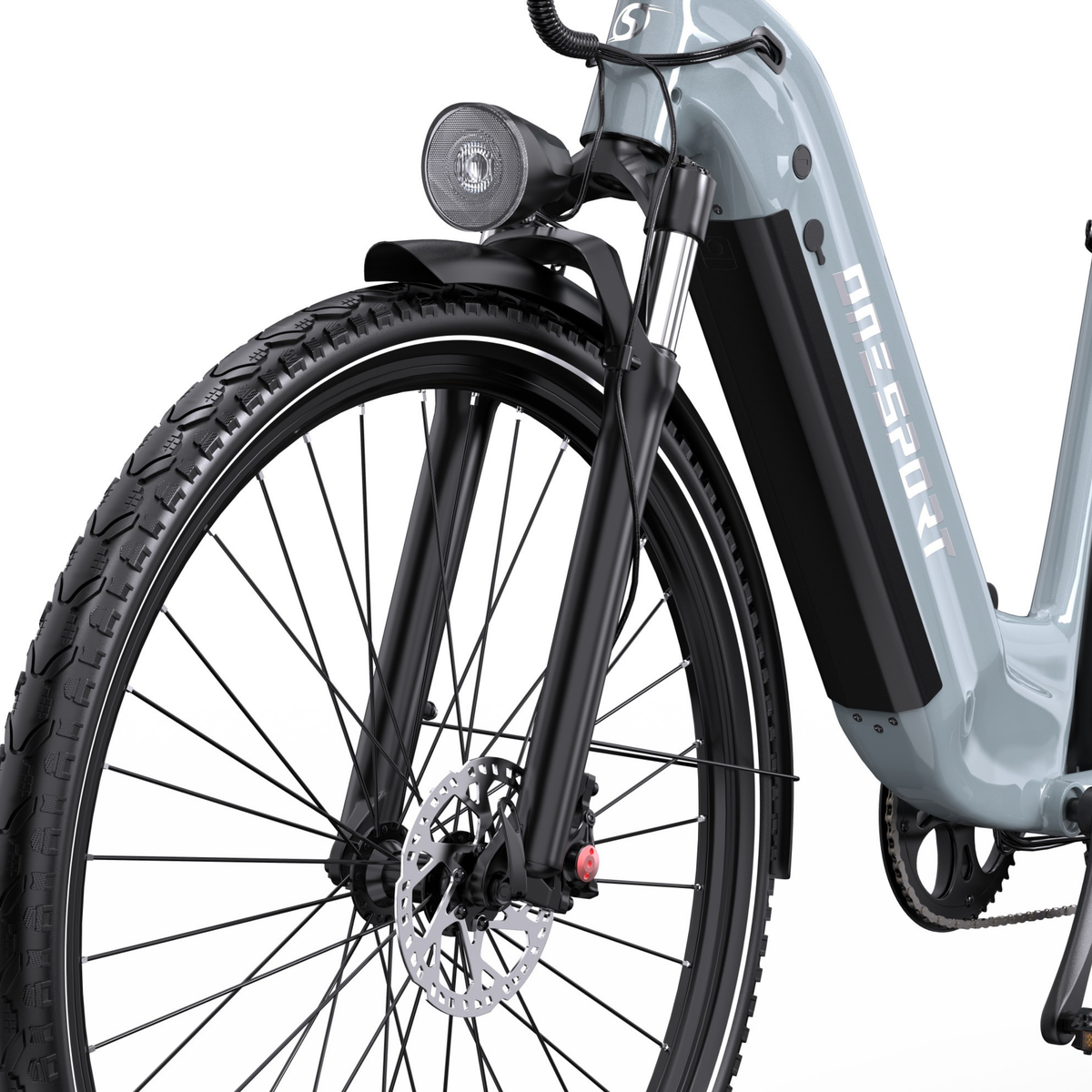OneSport OT05 Max Nahaufnahme von Vorderrad, Gabel, Scheibenbremse, Frontlicht und Rahmen