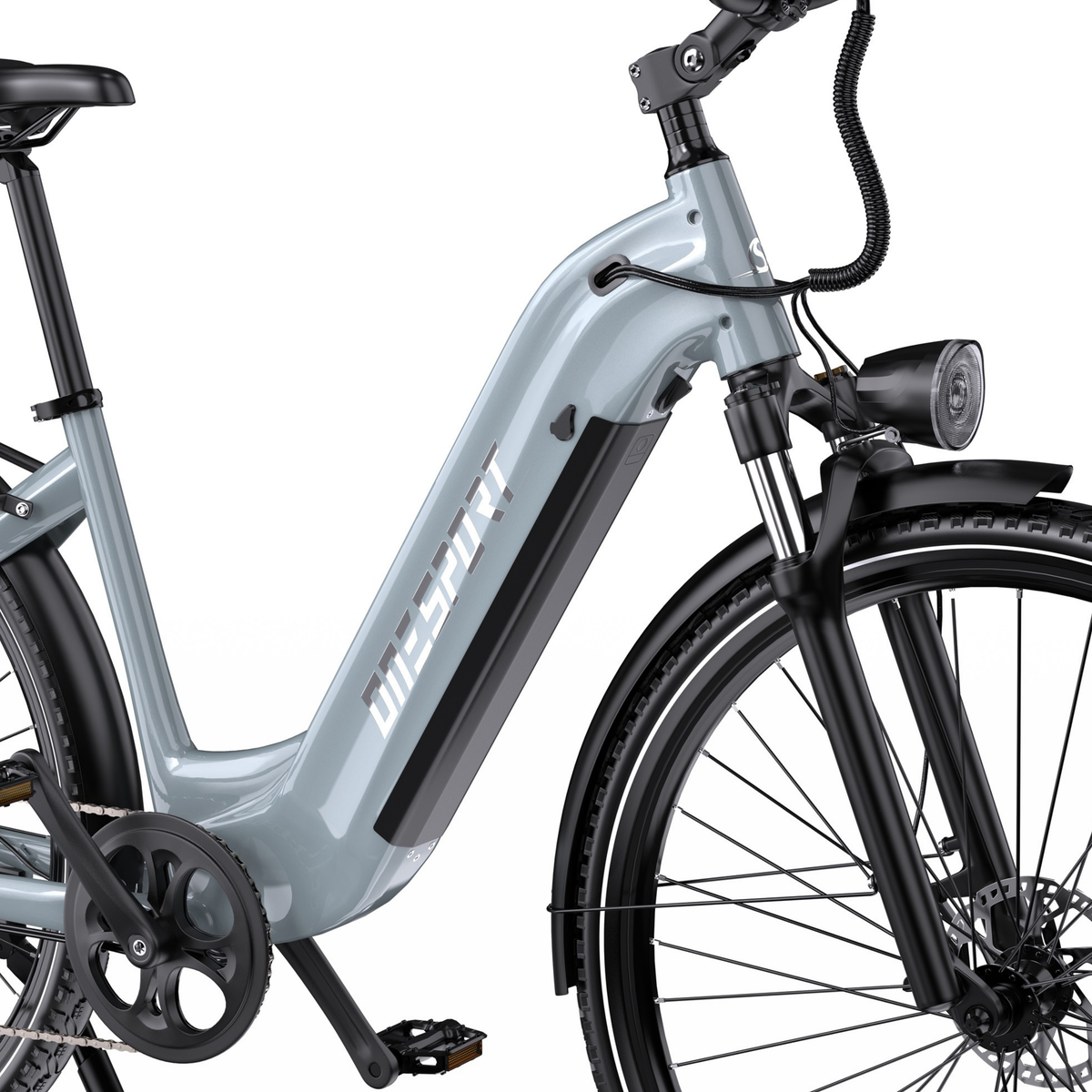 OneSport OT05 Max Nahaufnahme von grauem Rahmen mit tiefem Einstieg, Akku, Kettenblatt und Pedal
