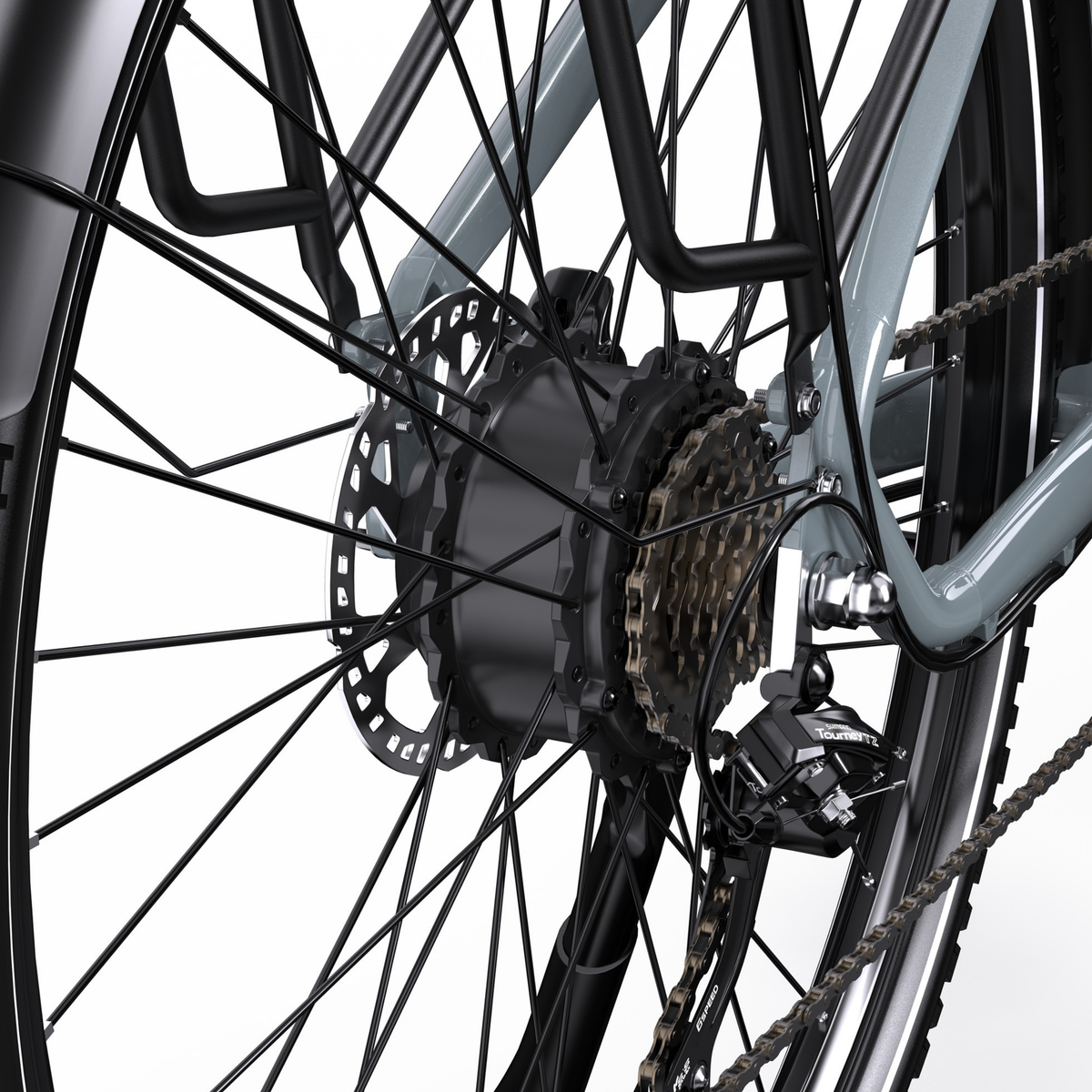 OneSport OT05 Max Nahaufnahme der Hinterradnabe mit Bremsscheibe, Kassette, Kette und Schaltwerk