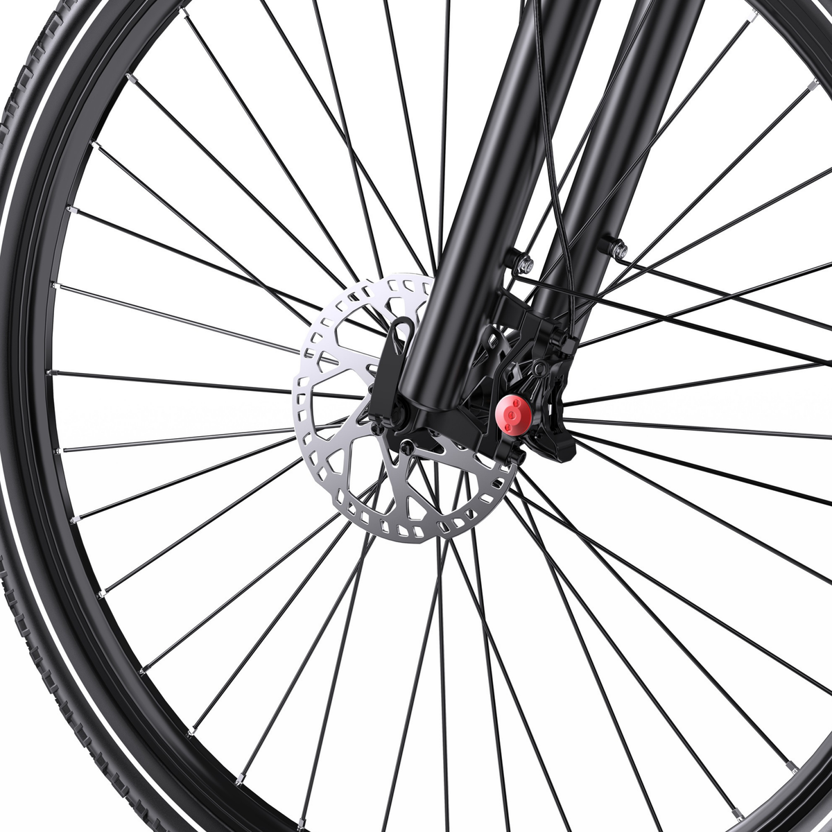 OneSport OT05 Max Nahaufnahme von Vorderrad mit Scheibenbremse und Vorderradgabel