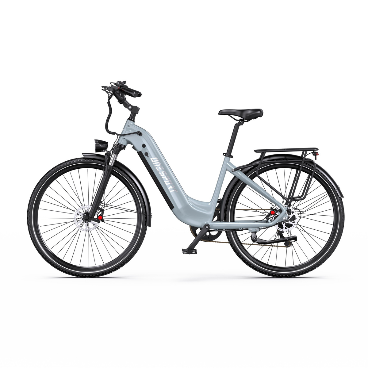 OneSport OT05 Max graues E-Bike mit tiefem Einstieg, direkt von der Seite gesehen
