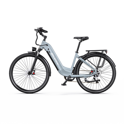 OneSport OT05 Max graues E-Bike mit tiefem Einstieg, direkt von der Seite gesehen