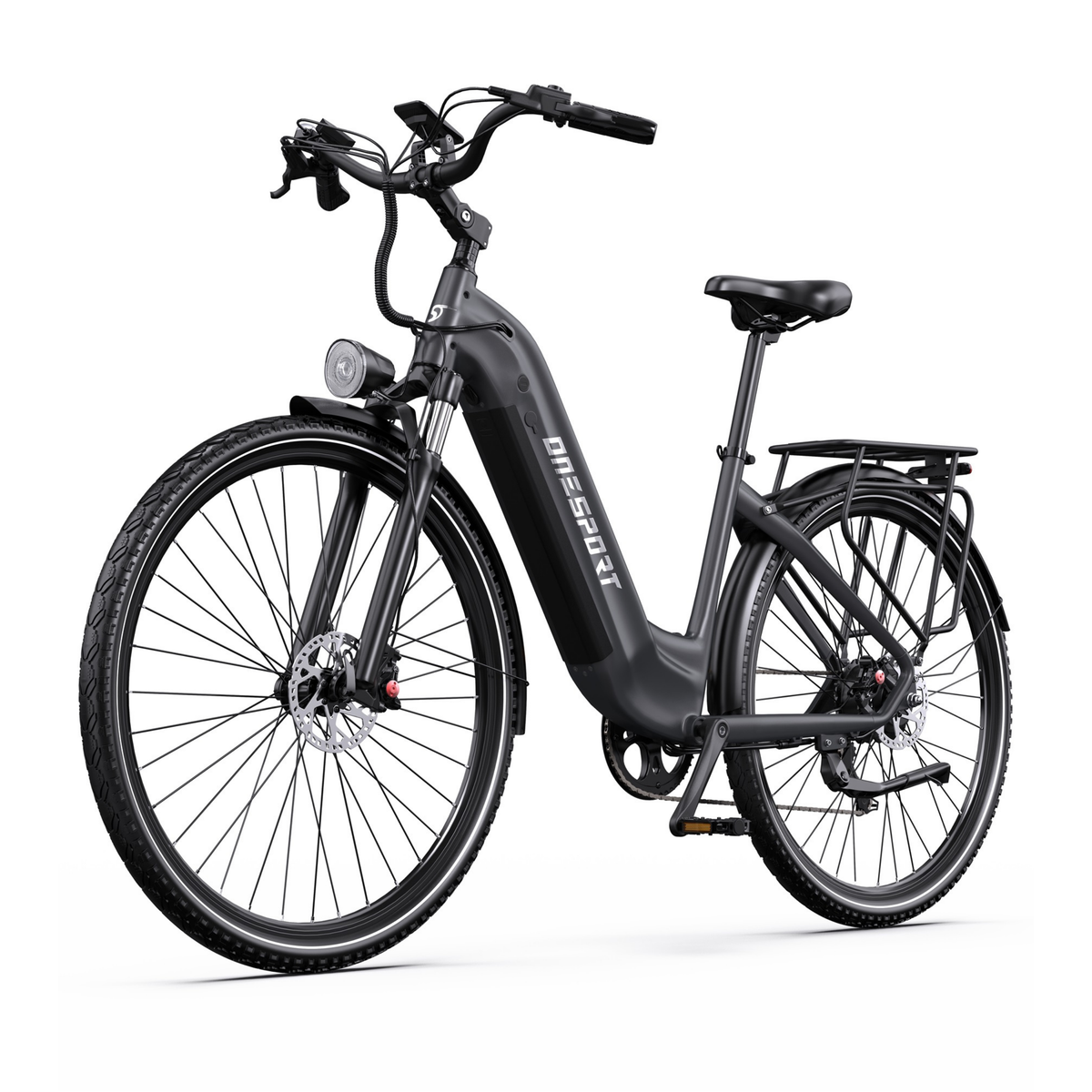 OneSport OT05 Max E-Bike schräg von vorne mit tiefem Einstieg, Frontlicht und Gepäckträger