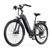 OneSport OT05 Max E-Bike schräg von vorne mit tiefem Einstieg, Frontlicht und Gepäckträger