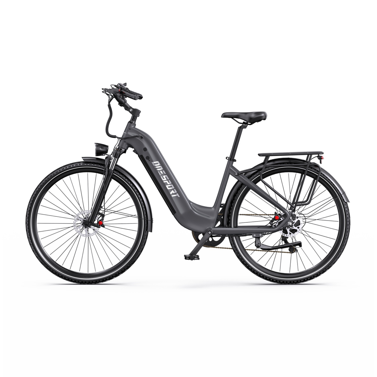 OneSport OT05 Max graues E-Bike mit tiefem Einstieg in Seitenansicht von links, mit Gepäckträger und Schutzblechen