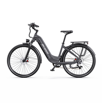 OneSport OT05 Max graues E-Bike mit tiefem Einstieg in Seitenansicht von links, mit Gepäckträger und Schutzblechen