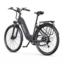 OneSport OT05 Max graues E-Bike schräg von vorne gesehen mit Lenker, Display, Sattel und Gepäckträger