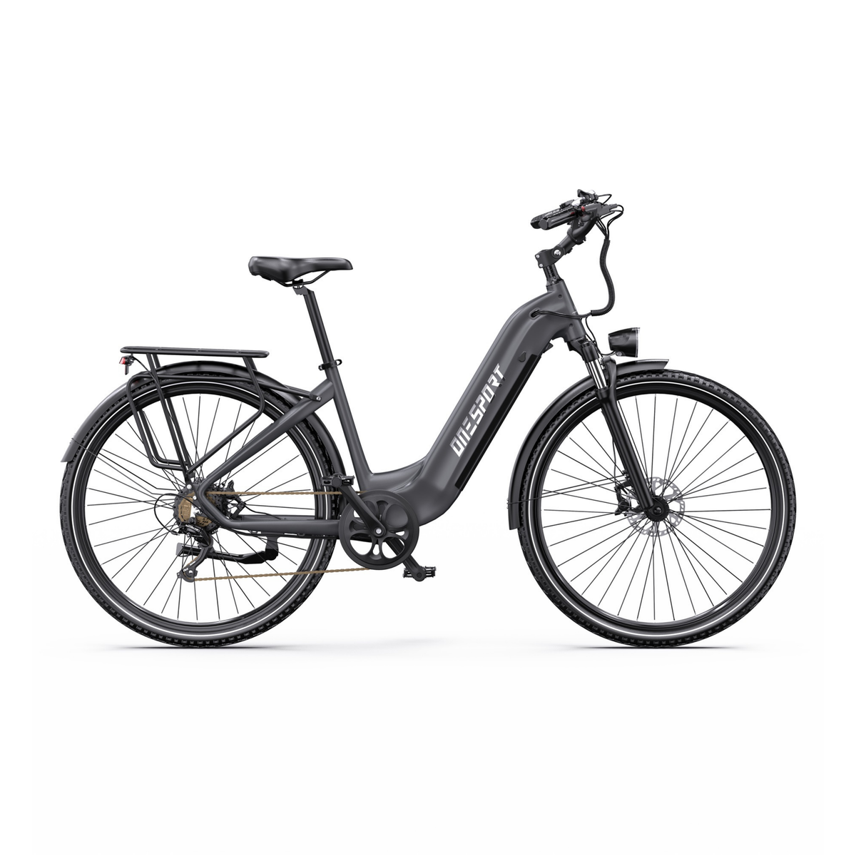 OneSport OT05 Max graues E-Bike mit tiefem Einstieg in Seitenansicht von rechts, mit Gepäckträger und Schutzblechen