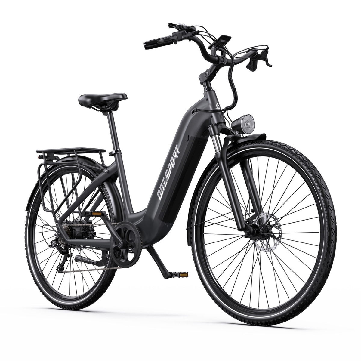 OneSport OT05 Max E-Bike in Schwarz, schräg von vorn mit tiefem Einstieg, Gepäckträger und Vordergabel