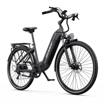 OneSport OT05 Max E-Bike in Schwarz, schräg von vorn mit tiefem Einstieg, Gepäckträger und Vordergabel