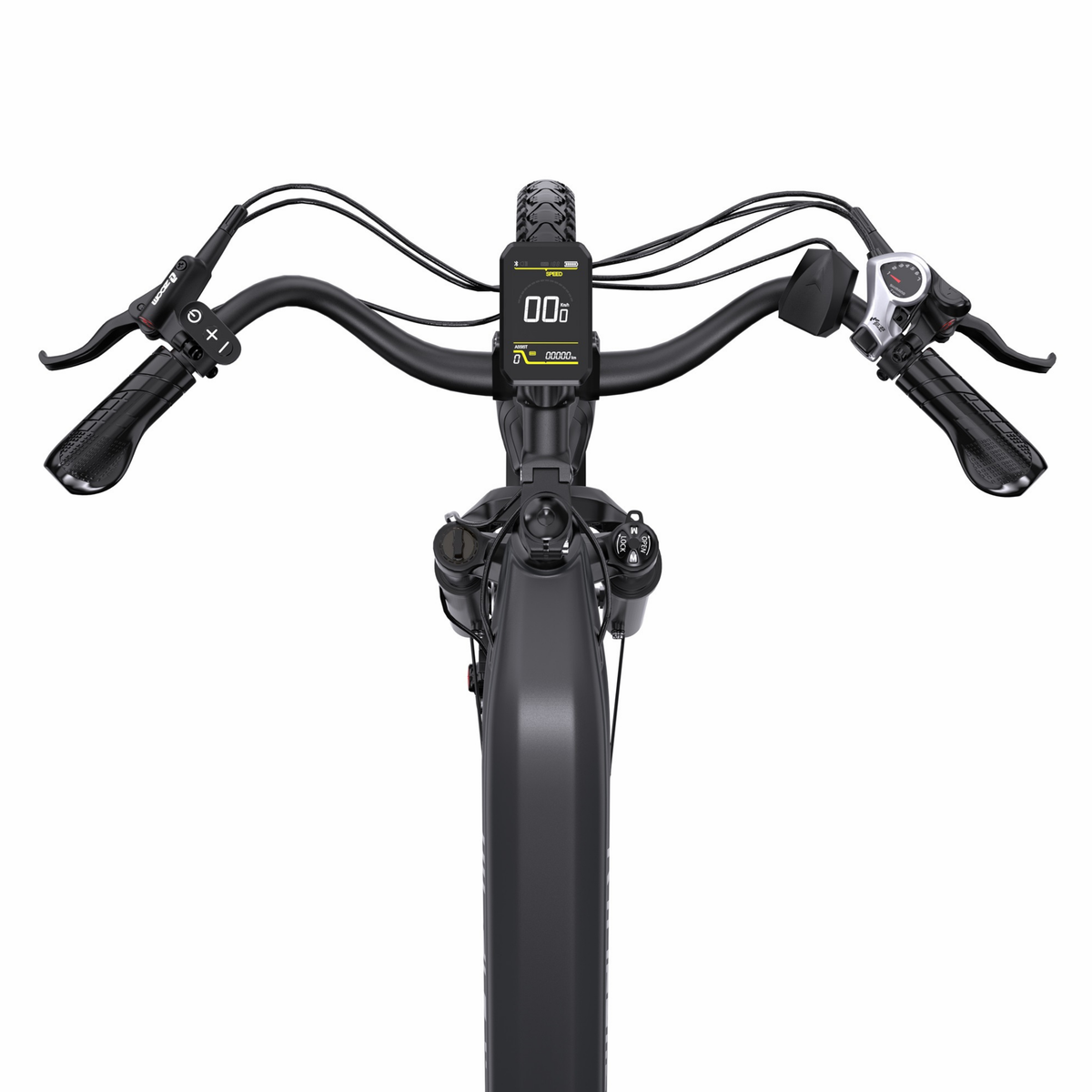 OneSport OT05 Max Lenker von oben mit Display, Bremshebel, Schaltung und ergonomischen Griffen