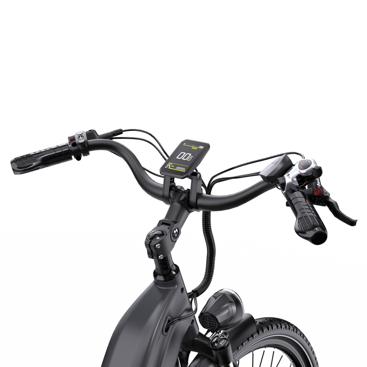 OneSport OT05 Max Nahaufnahme des Lenkers mit Display, Vorbau und Frontlicht