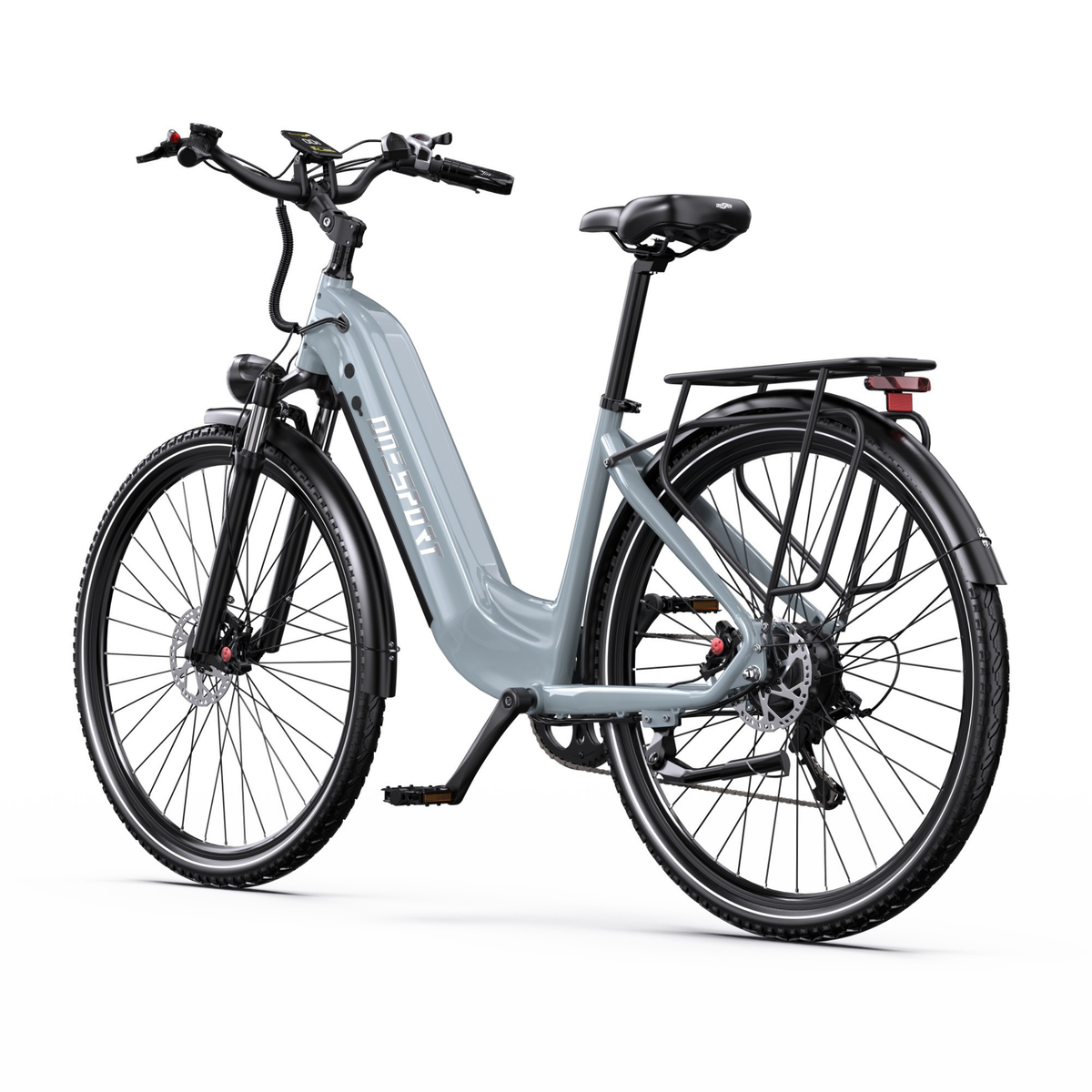 OneSport OT05 Max graues E-Bike schräg von hinten mit Gepäckträger, Rücklicht und Sattel