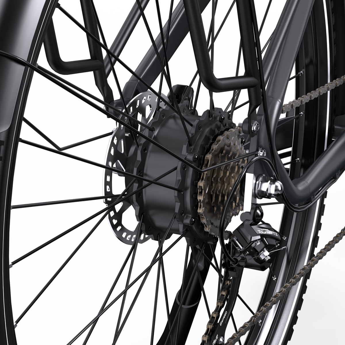 OneSport OT05 Max Nahaufnahme der Hinterradnabe mit Bremsscheibe, Kassette und Schaltwerk