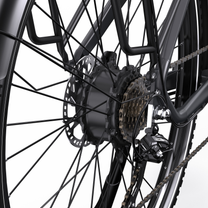 OneSport OT05 Max Nahaufnahme der Hinterradnabe mit Bremsscheibe, Kassette und Schaltwerk