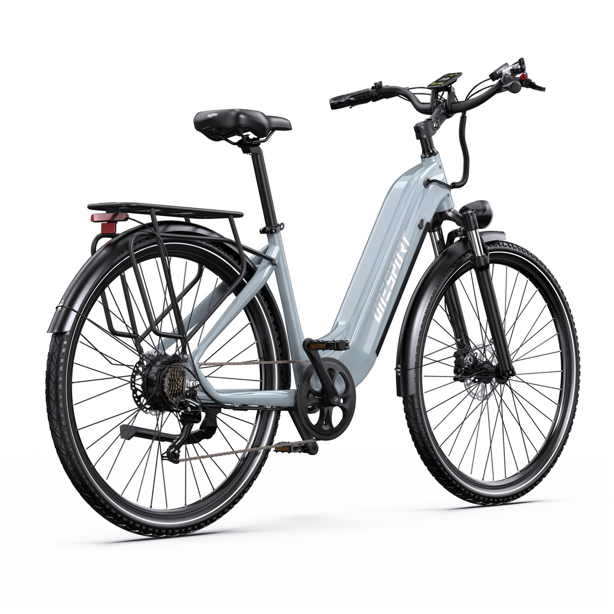 OneSport OT05 Max graues E-Bike schräg von hinten rechts mit Kette, Gepäckträger und Display am Lenker