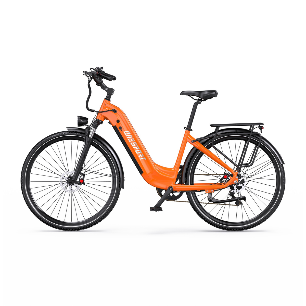 OneSport OT05 Max orangefarbenes E-Bike mit tiefem Einstieg, Seitenansicht