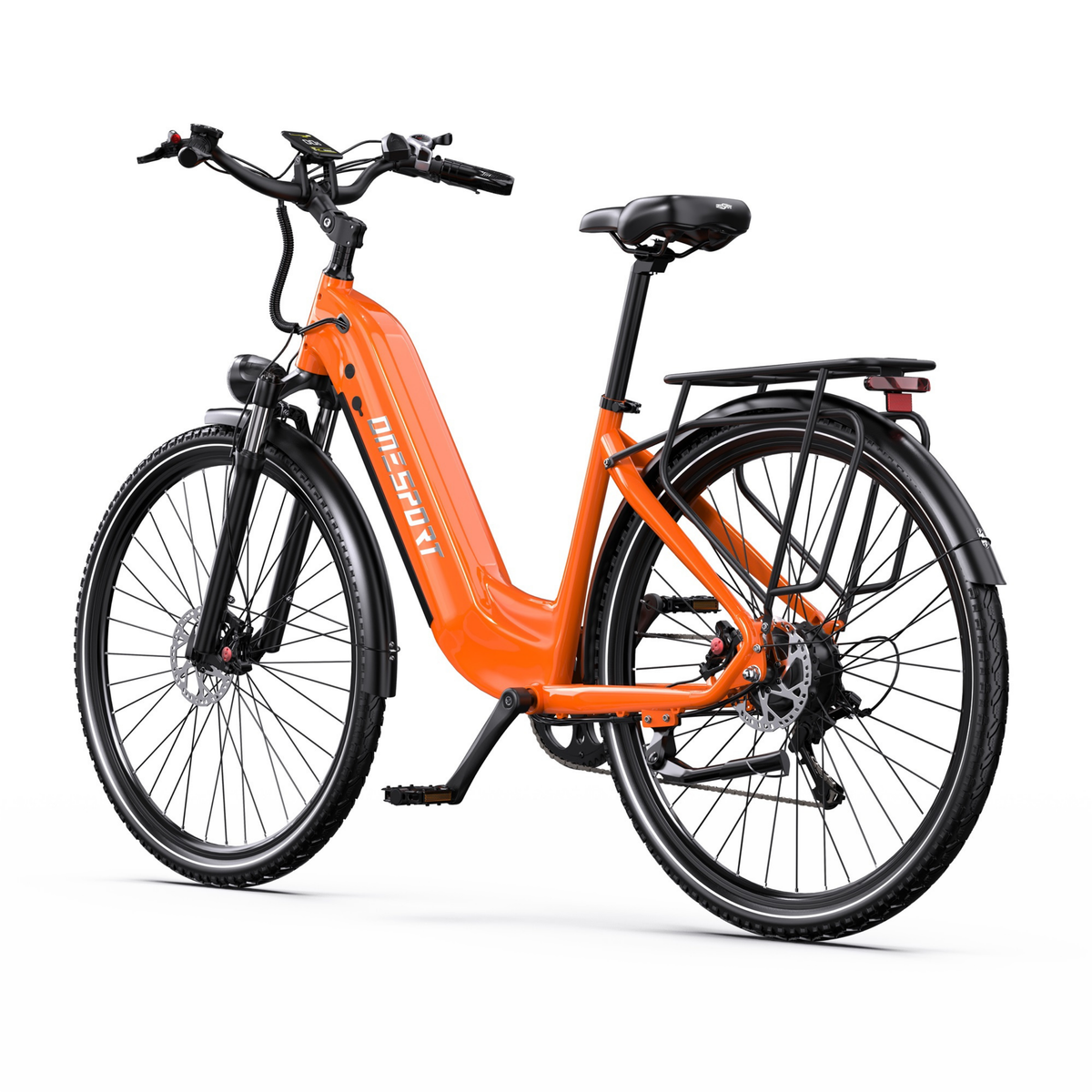 OneSport OT05 Max orangefarbenes E-Bike, schräg von hinten mit Gepäckträger und Rücklicht