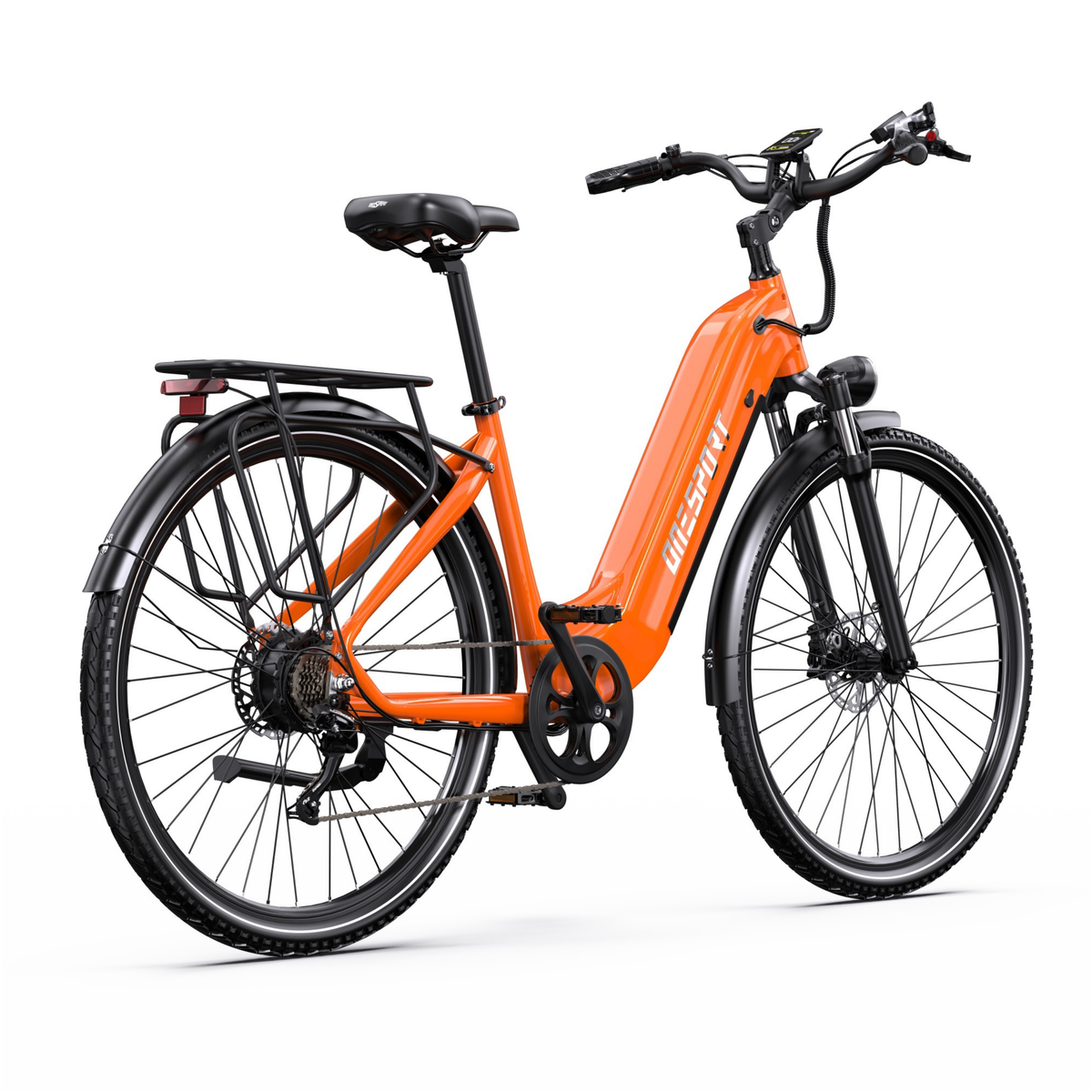 OneSport OT05 Max orangefarbenes E-Bike, schräg von hinten von der anderen Seite mit Gepäckträger