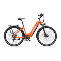 OneSport OT05 Max, orangefarbenes E-Bike mit tiefem Einstieg, von der Seite gesehen
