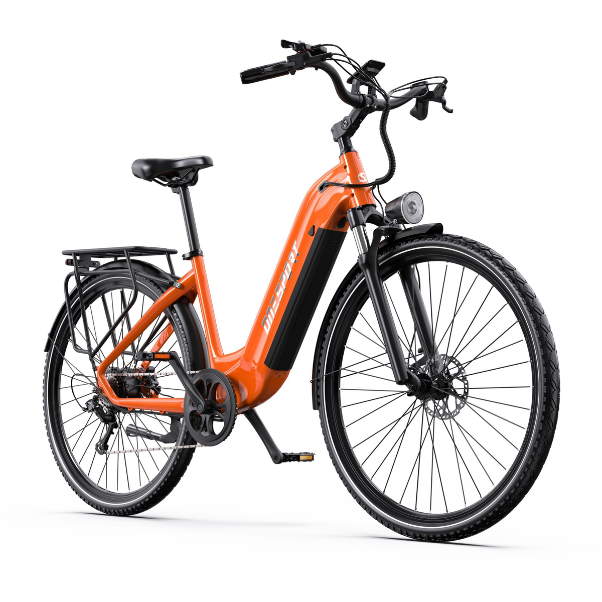 OneSport OT05 Max, orangefarbenes E-Bike schräg von vorn gesehen, mit Akku im Rahmen