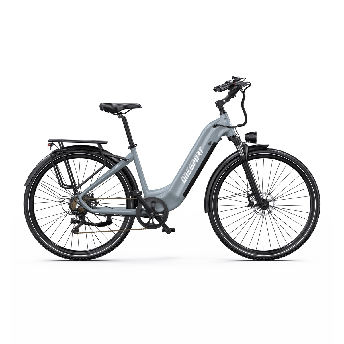 OneSport OT05 Max graues E-Bike mit tiefem Einstieg von der Seite gesehen