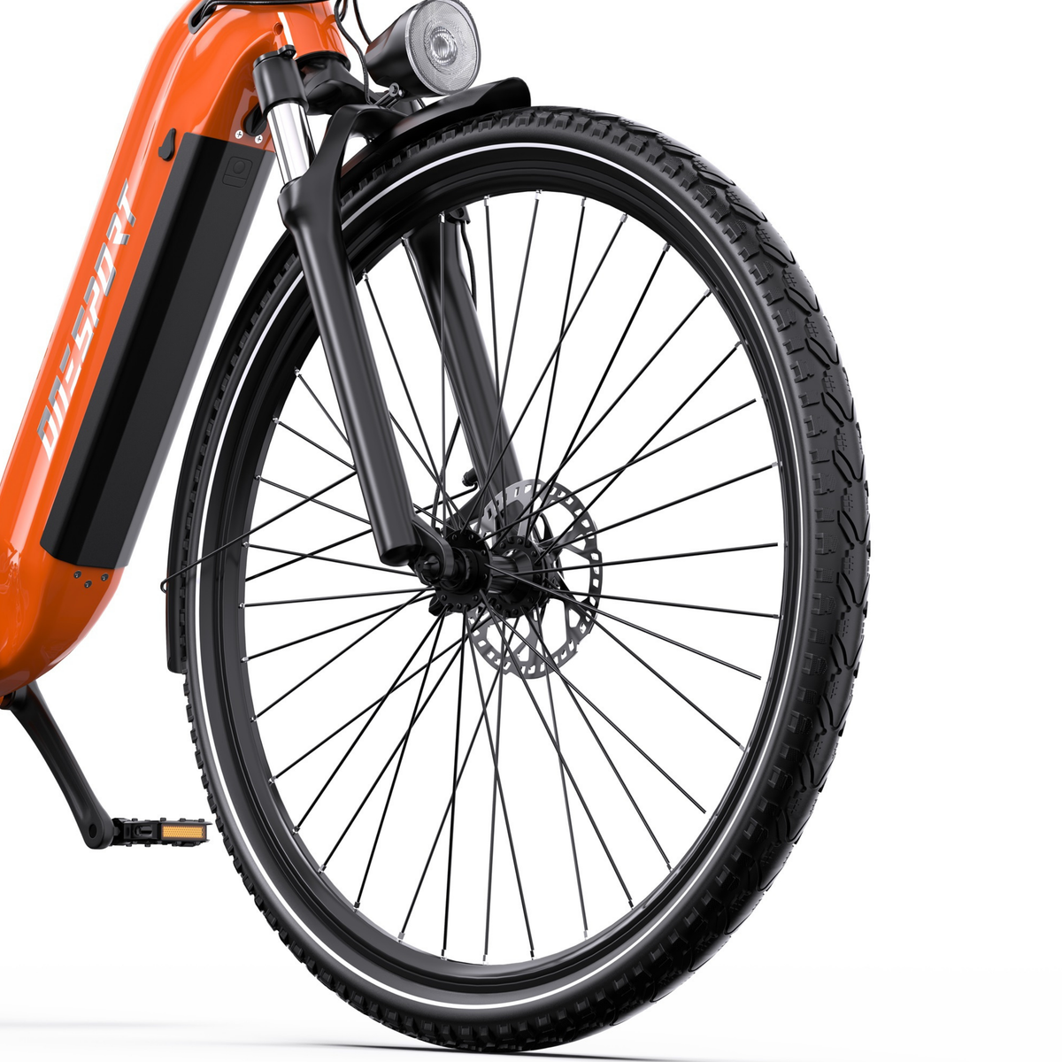 Vorderrad des OneSport OT05 Max mit Scheibenbremse, Gabel, Speichen und Schutzblech