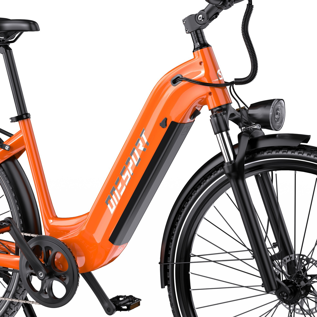 Seitenansicht des OneSport OT05 Max mit orangefarbenem Rahmen mit niedrigem Einstieg, Akku, Kurbel und Pedal