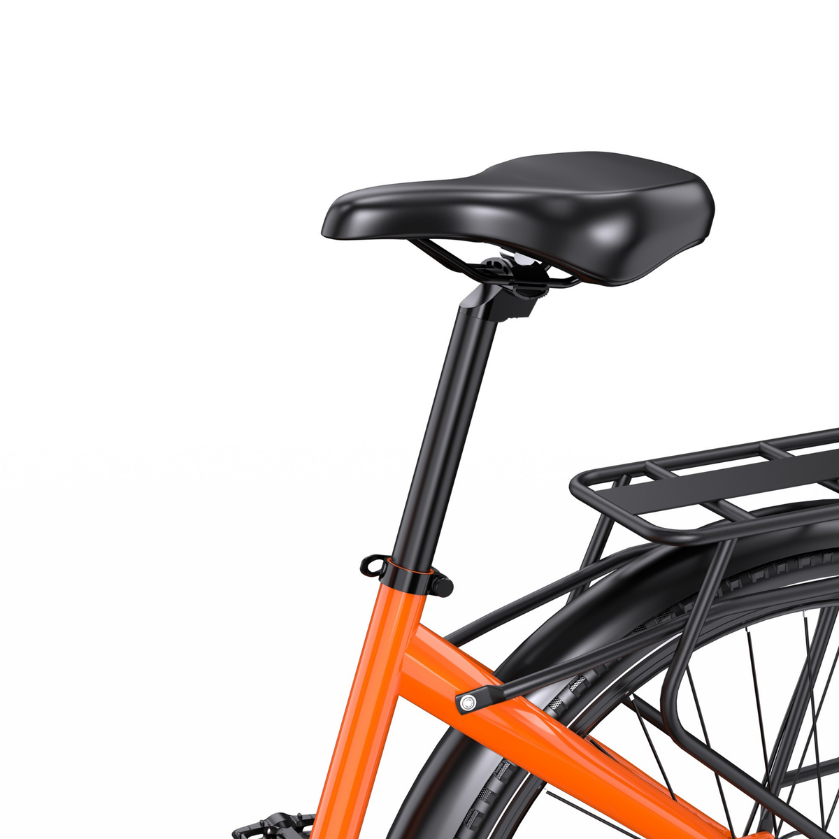 OneSport OT05 Max, Nahaufnahme von schwarzem Sattel, Sattelstütze, orangefarbenem Rahmen und hinterem Gepäckträger