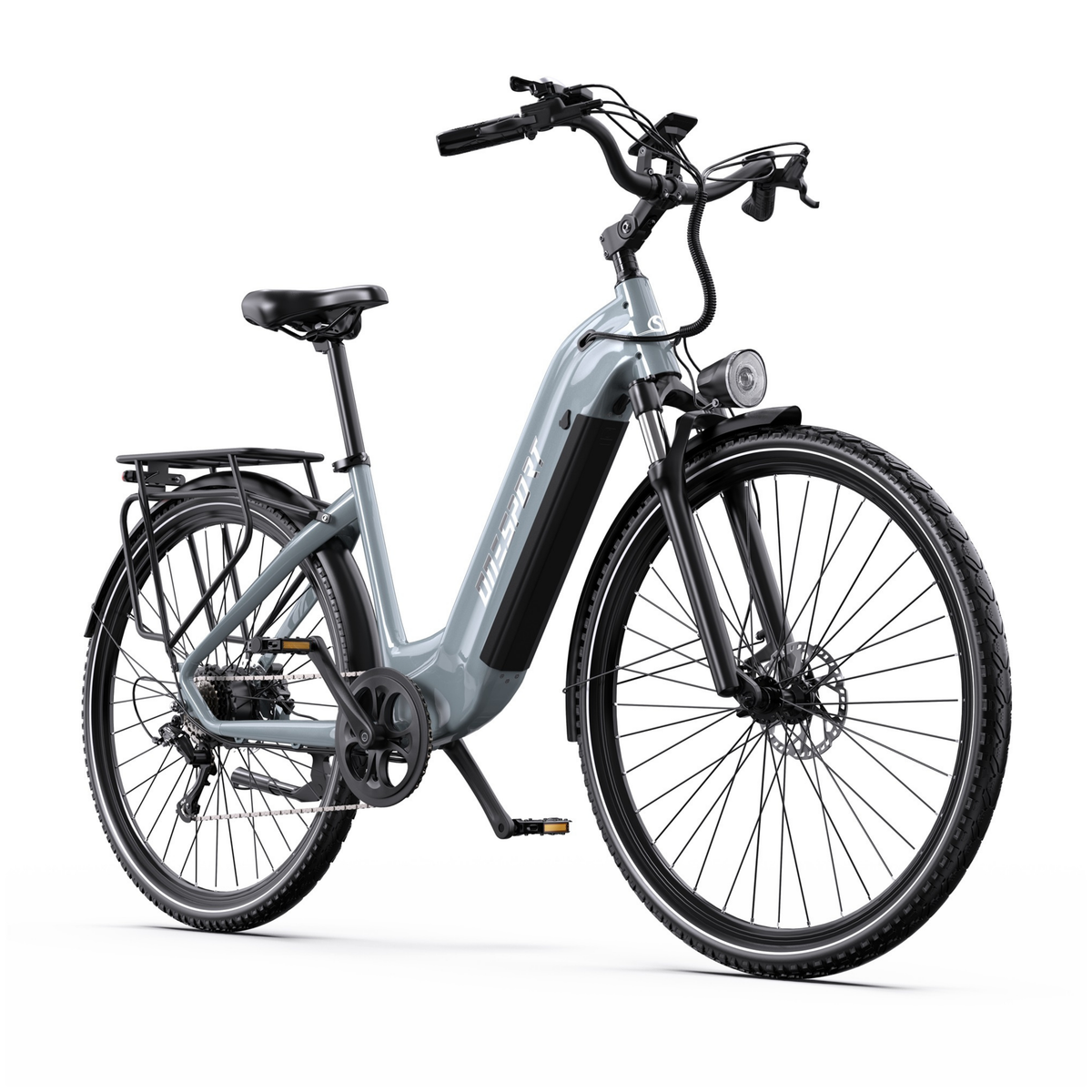 OneSport OT05 Max graues E-Bike schräg von vorne gesehen mit Gepäckträger und Frontlicht