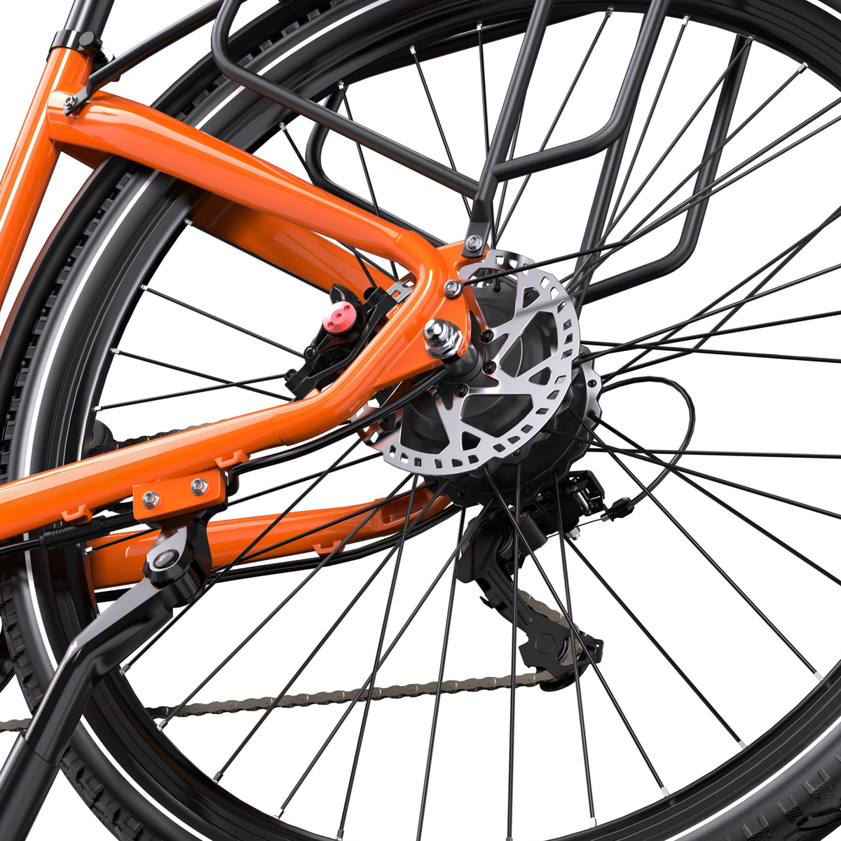 OneSport OT05 Max Nahaufnahme der Hinterradnabe mit Bremsscheibe, Bremssattel, Schaltwerk und Ständer