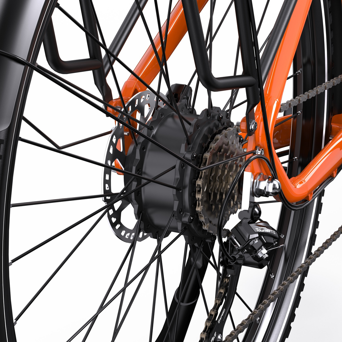 OneSport OT05 Max, Nahaufnahme von Hinterradnabe, Bremsscheibe, Kassette und Schaltwerk