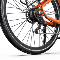 OneSport OT05 Max, Hinterrad mit Reifen, Kassette, Schaltwerk und Seitenständer von der Seite gesehen