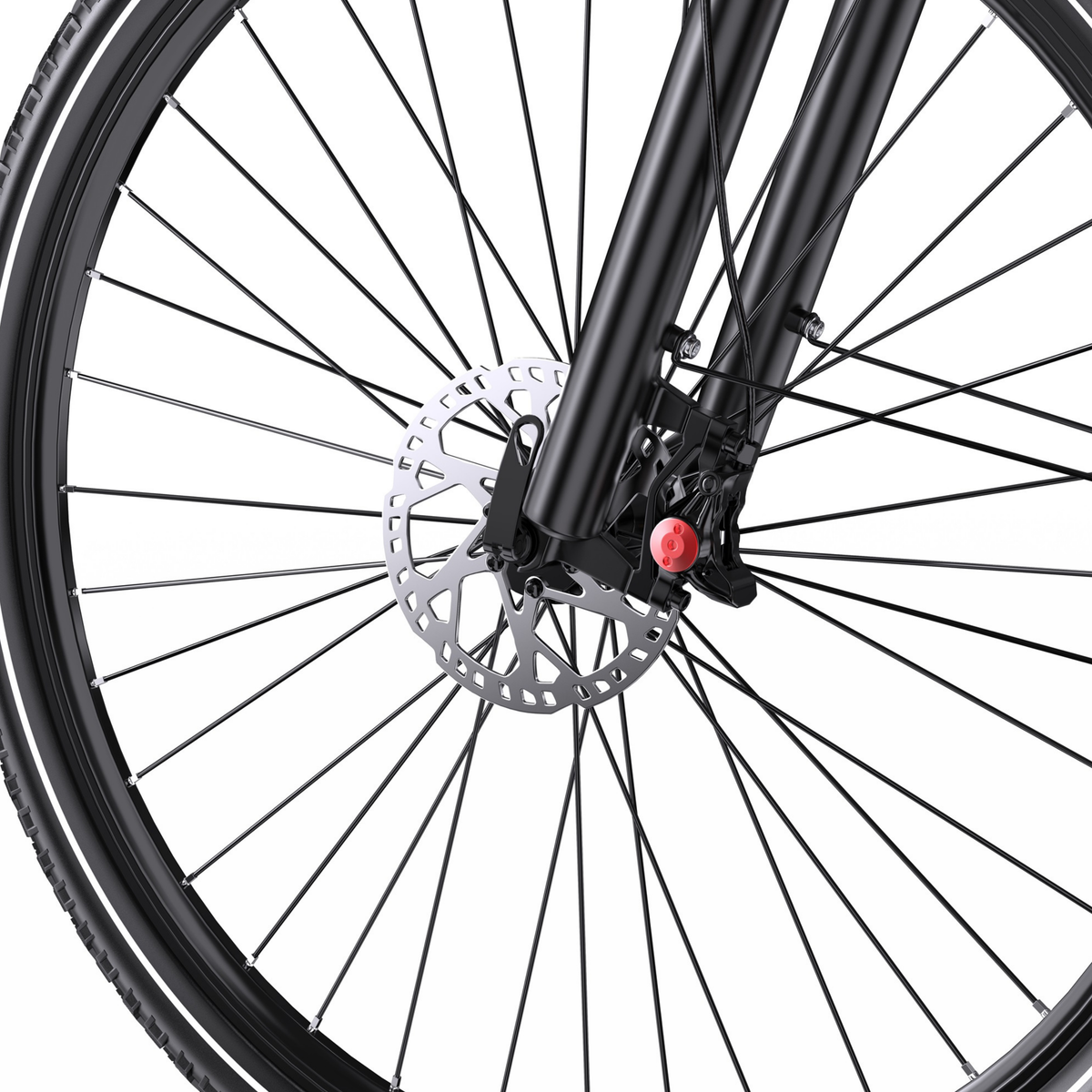 OneSport OT05 Max, Nahaufnahme des Vorderrads mit Bremsscheibe, Bremssattel und schwarzer Vordergabel