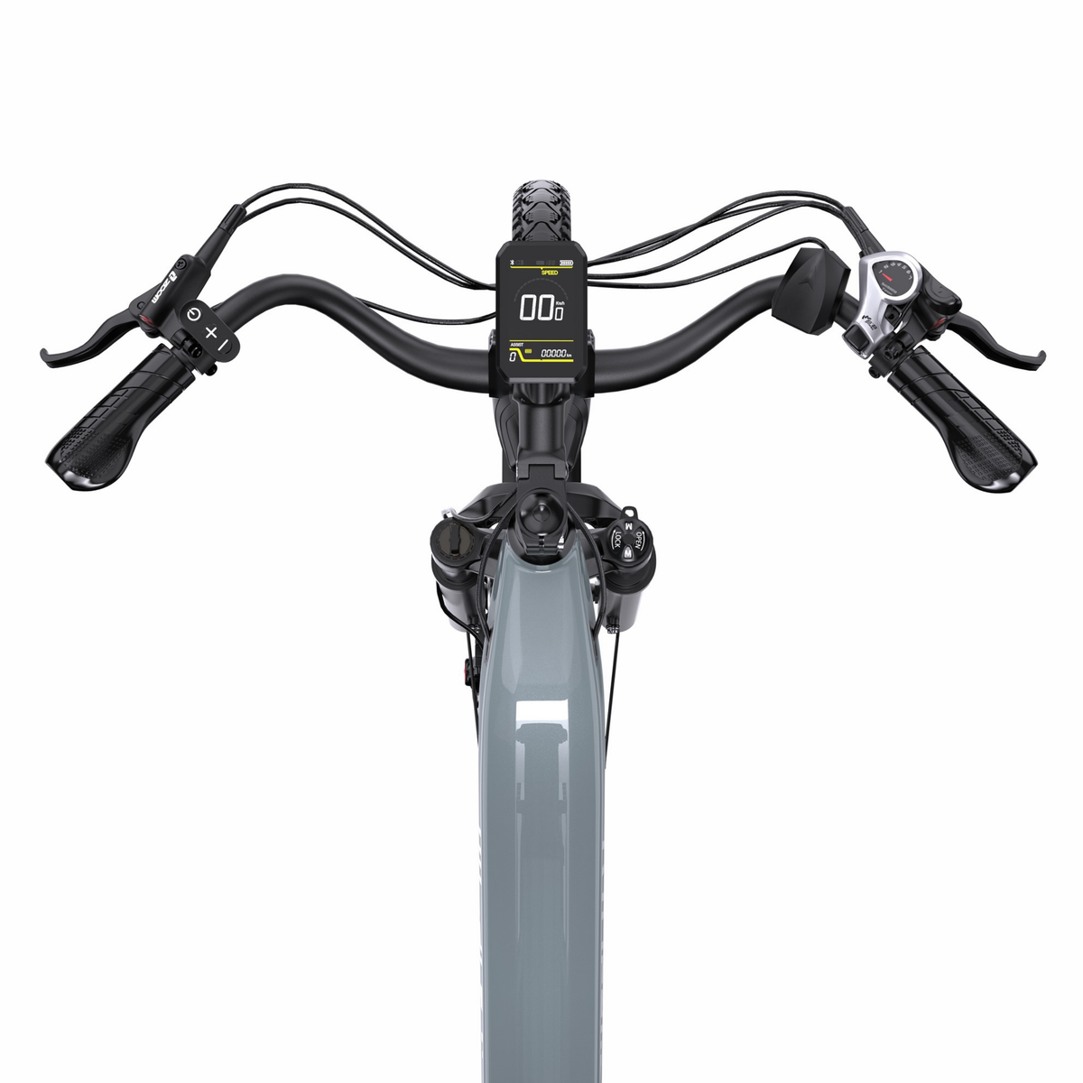 Lenker des OneSport OT05 Max von oben gesehen mit Display, Bremshebel und Schaltung