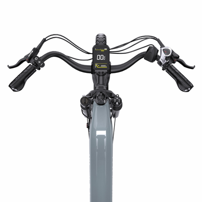 Lenker des OneSport OT05 Max von oben gesehen mit Display, Bremshebel und Schaltung