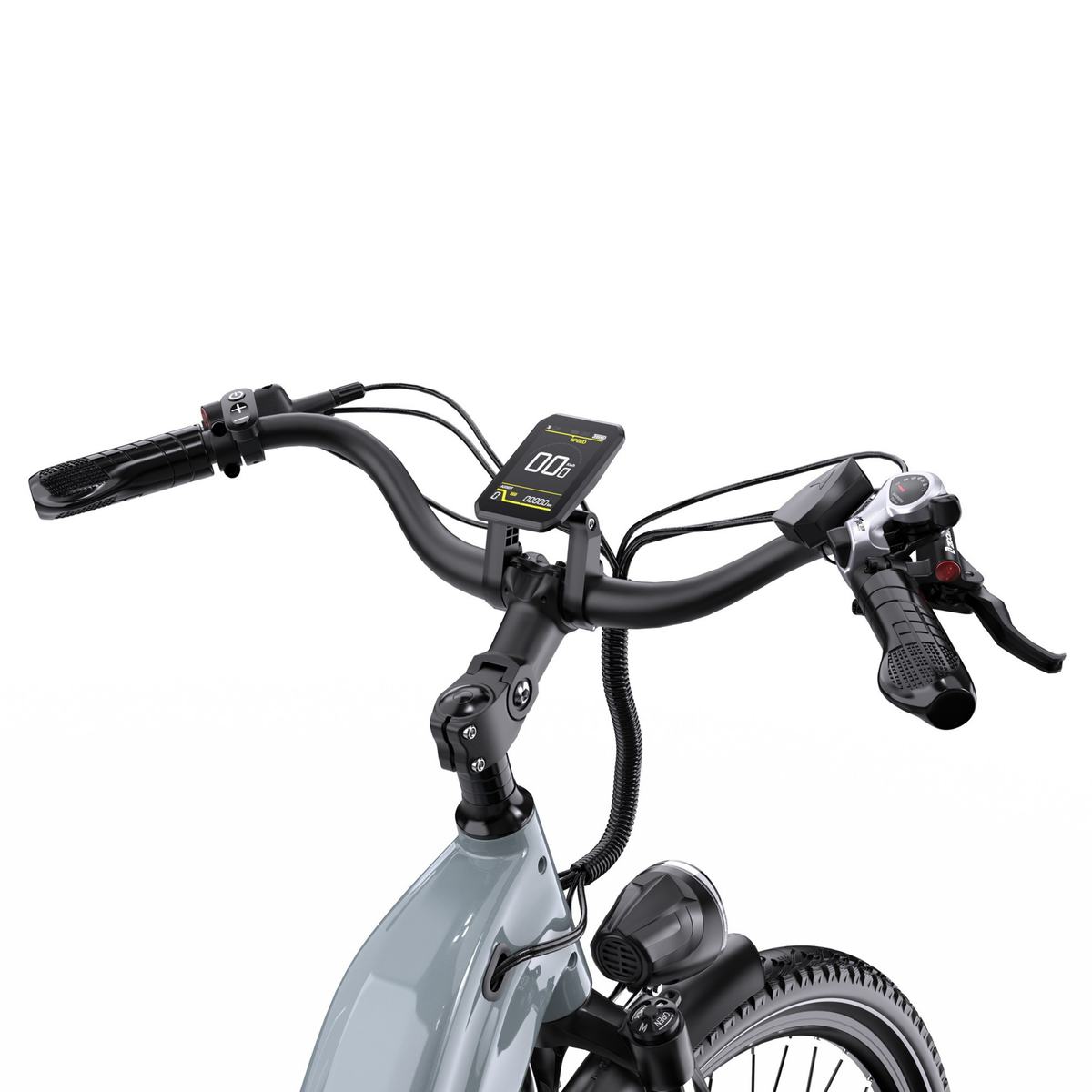 Nahaufnahme von Lenker und Display des OneSport OT05 Max mit Griff und Frontlicht